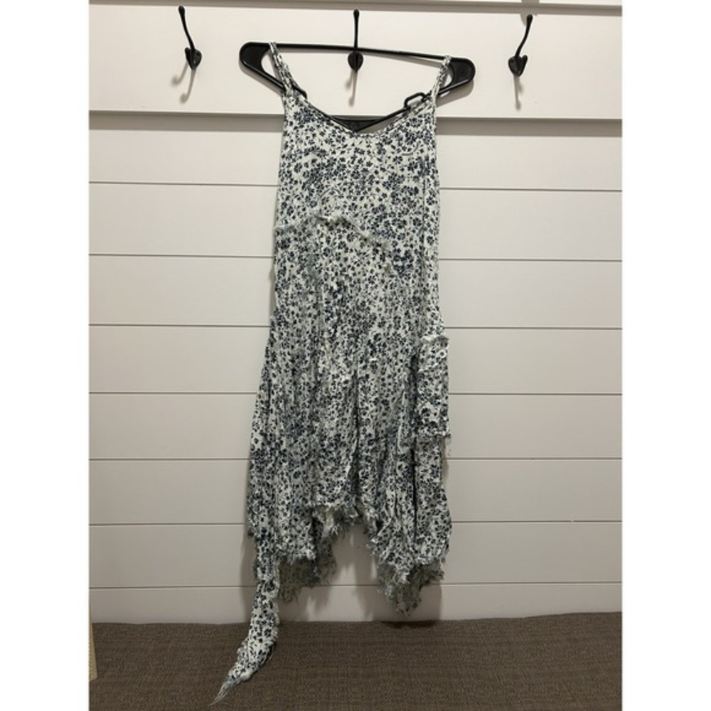 Havana Dress SzS White Blue Floral Fairy Whim Gypsy Drop Waist Handkerchief hem